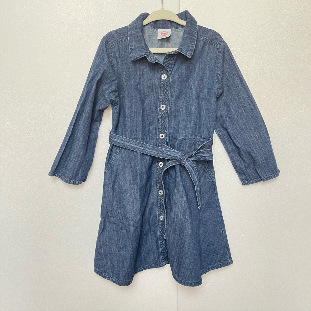 Kids Denim Jean Long Sleeve Button-Up Shirt Dress with Tie Belt size XS (4-5)